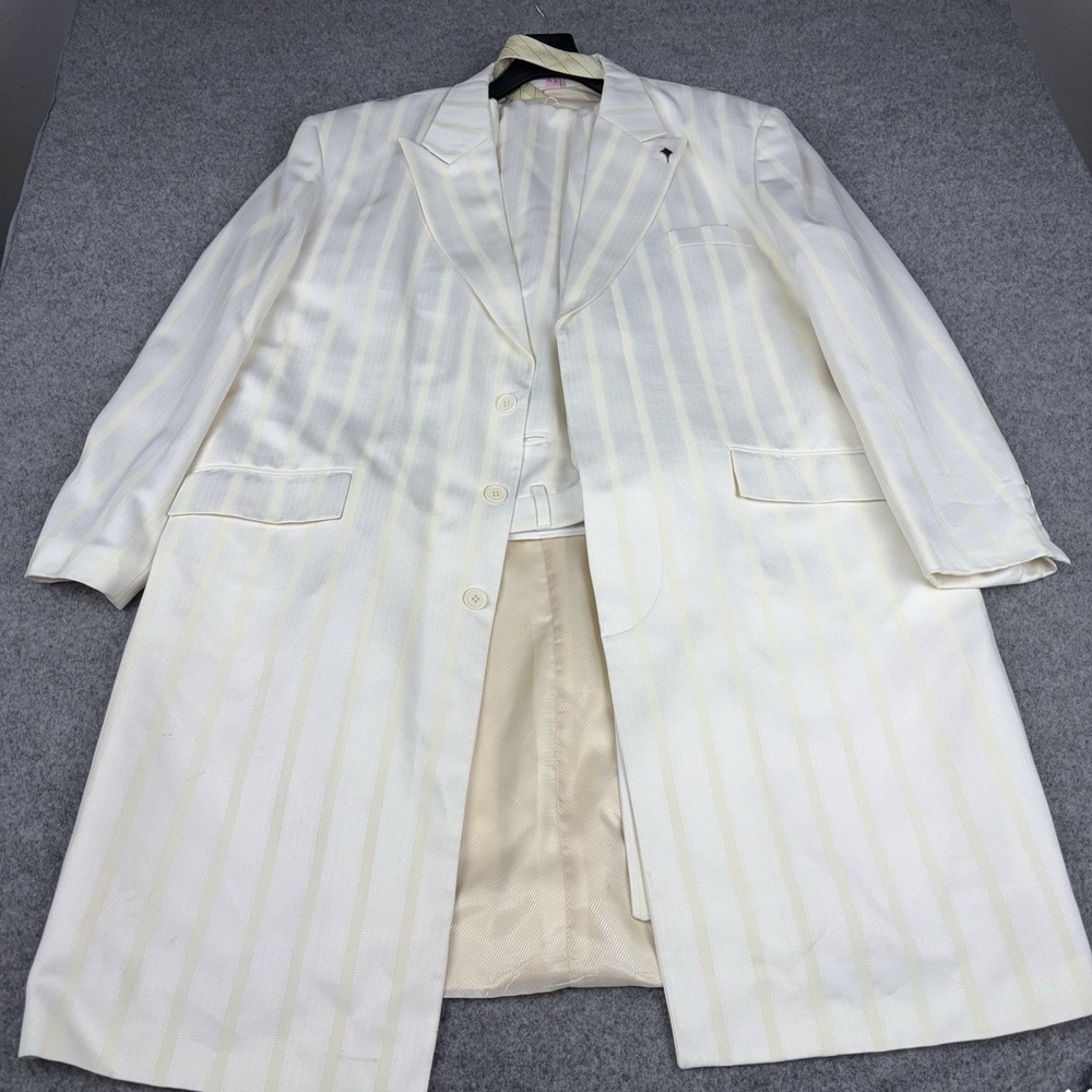 John Raphael 4 Pc Suit Set 50R 45W Ivory Stripe Jacket Vest Pants Tie Formal EUC